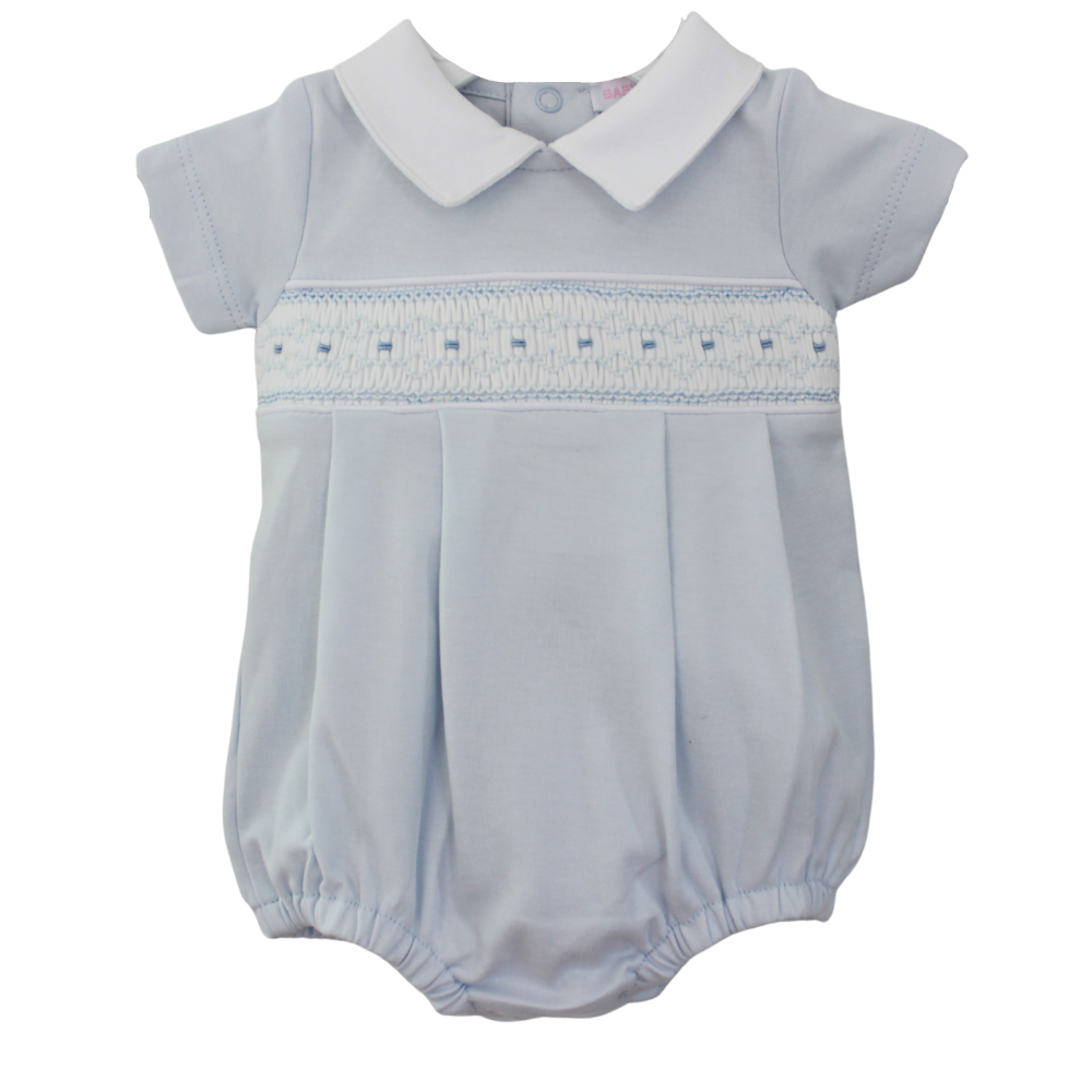 Light blue baby romper with white collar  smocked onesie pima cotton