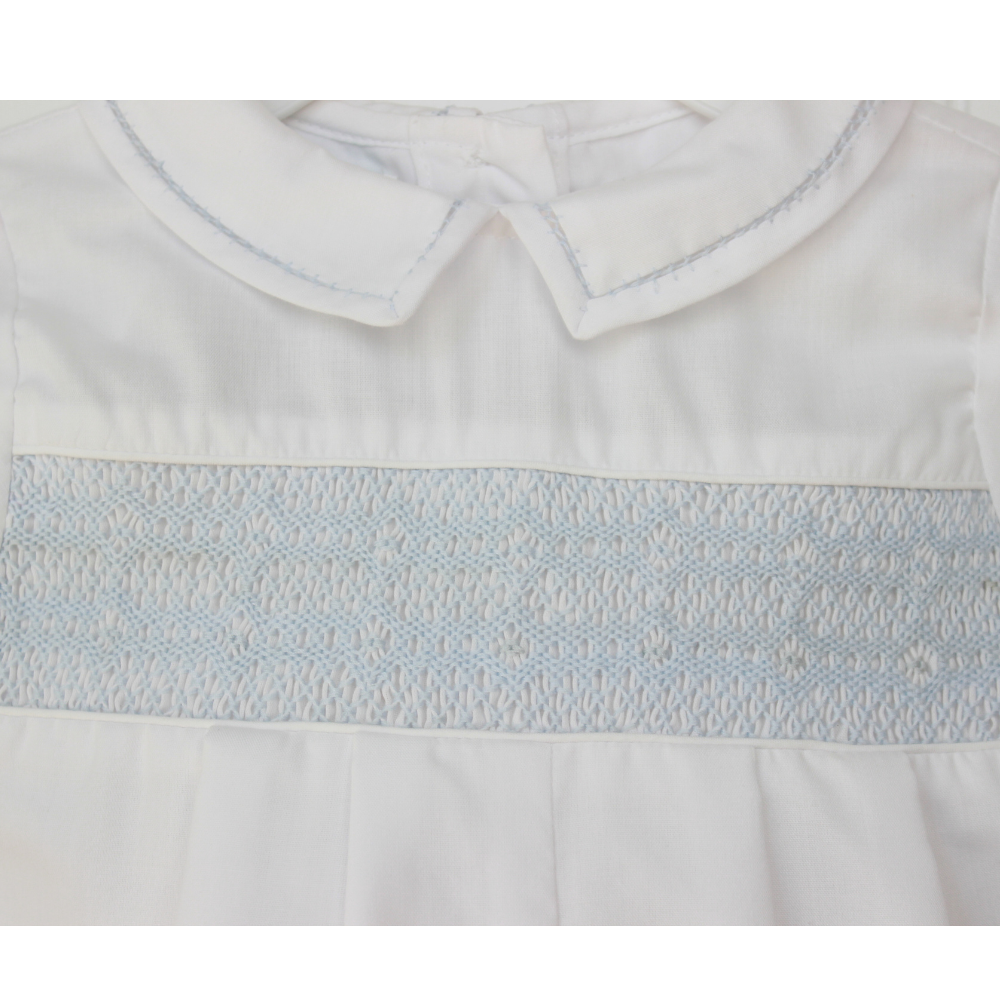Boys Portrait Romper White Blue Smocking | Petit Ami