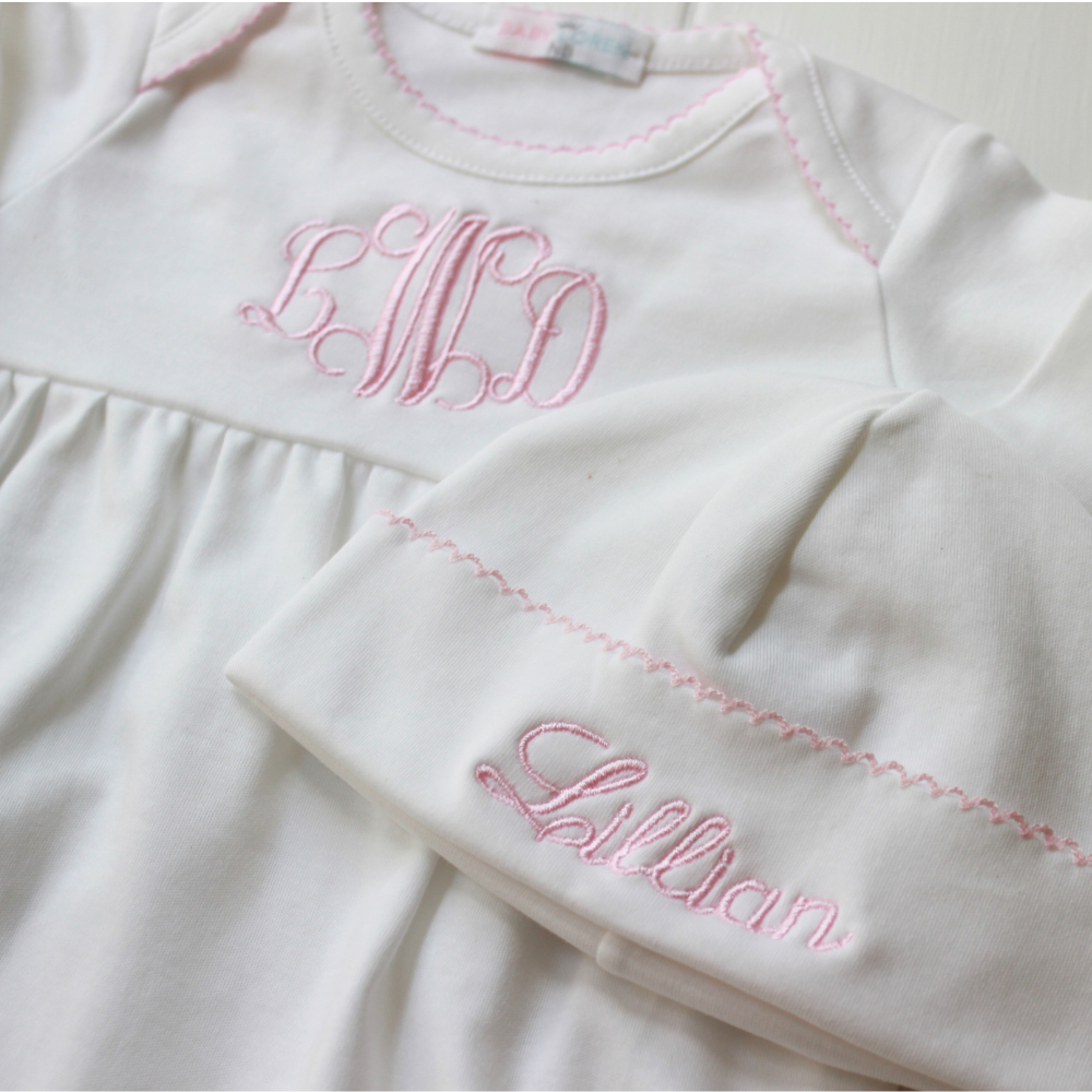 Newborn girl gown white pink trim with hat personalized take home outfit pima cotton
