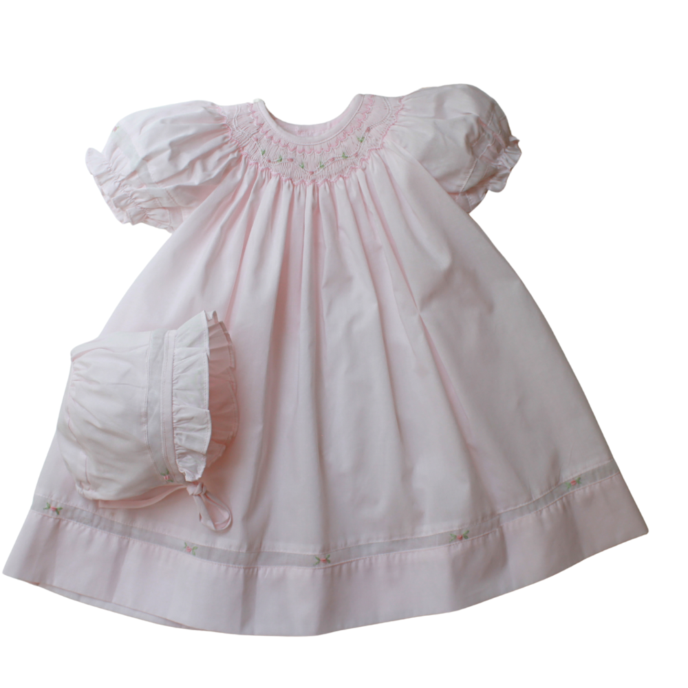 Pink baby dress with smocked coming home outfit for newborn girl