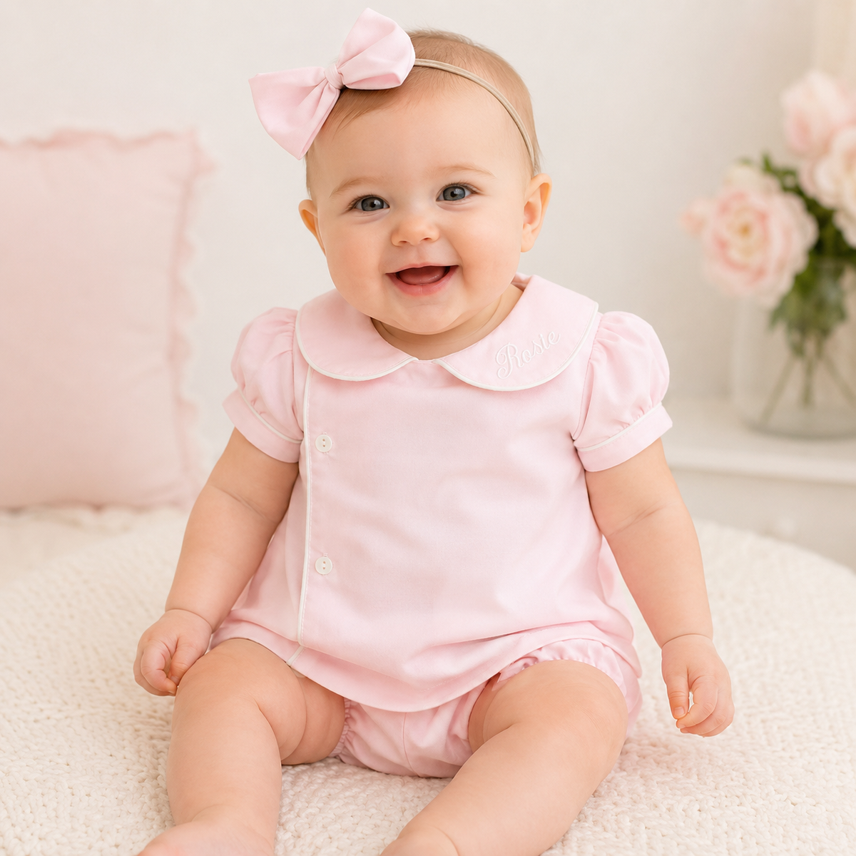 Baby Girls Pink Diaper Set with Peter Pan Collar