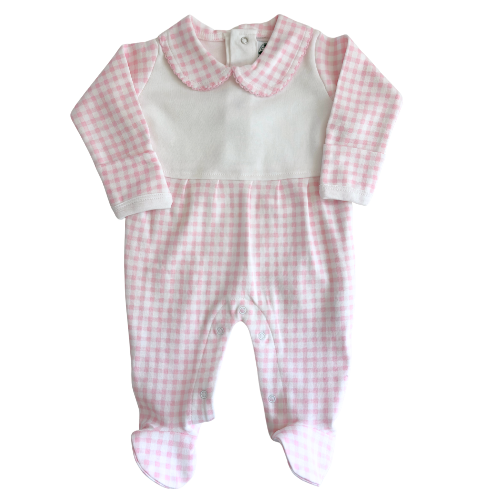 Baby Girls White Pink Footed Onesie Pink Gingham Check