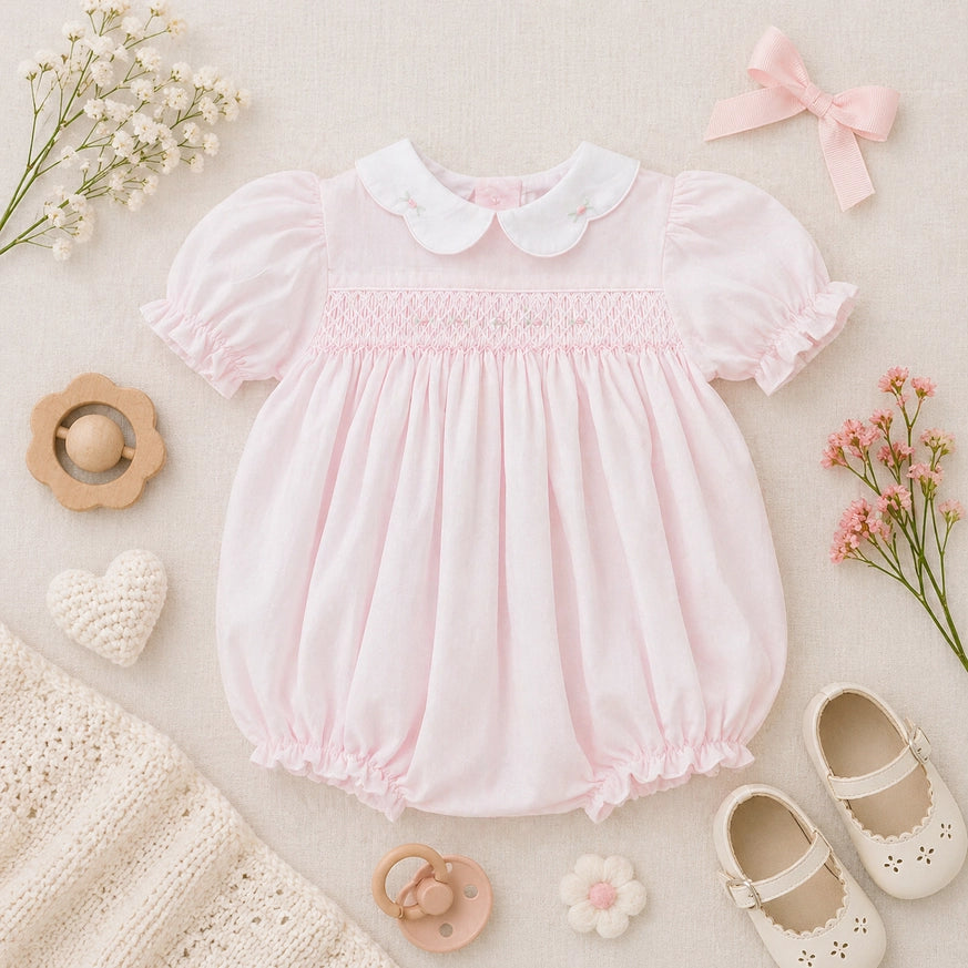 Petit Ami Baby Girls' Hand Embroidered Smocked Bubble Romper