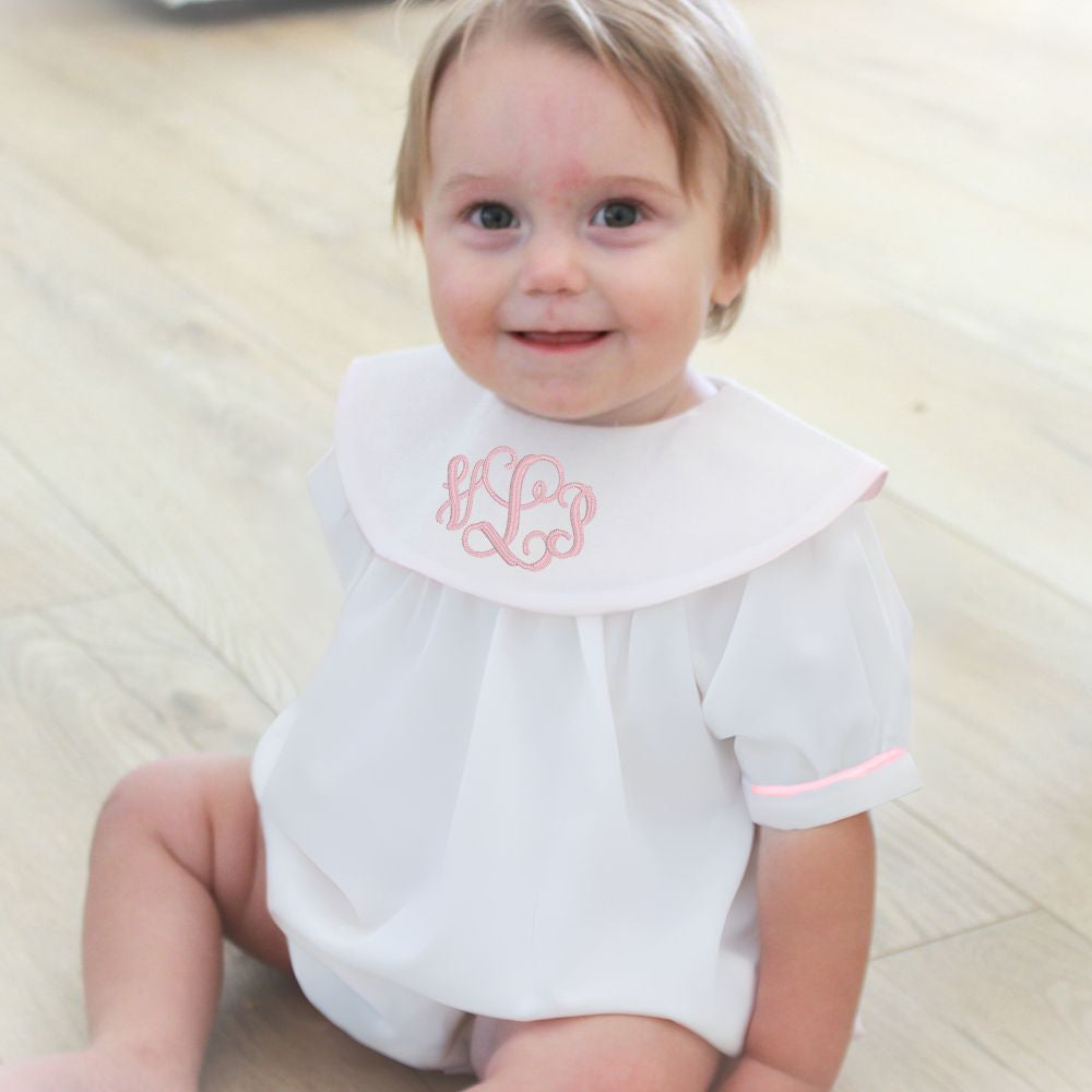 Baby Girls White Portrait Romper Round Collar | Carriage Boutique