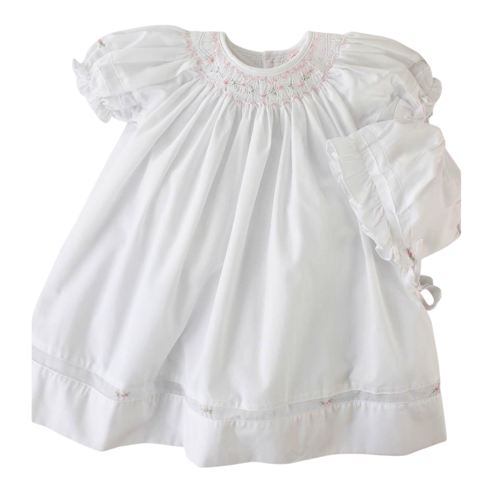 Girls White Smocked Daygown Dress & Bonnet Pink Flowers, 6M Girls White Smocked Daygown Dress & Bonnet Pink Flowers, 6M