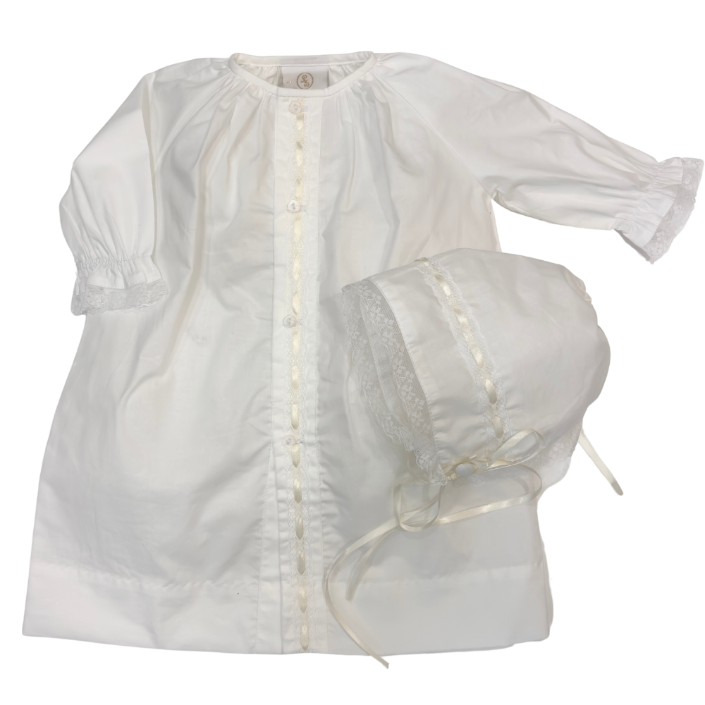 Newborn Girls White Heirloom Daygown & Bonnet Satin Lace Trim | Lullaby Set