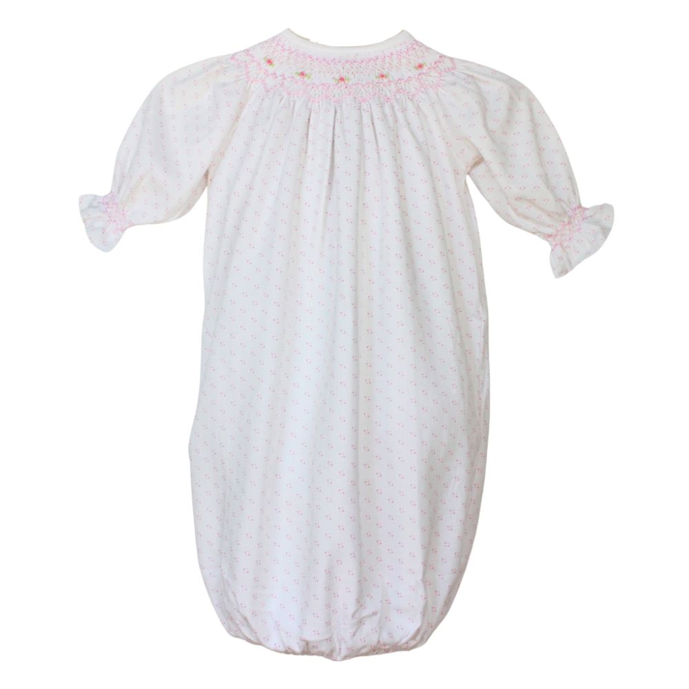 Girls Bishop Smocked Gown White Pink Dots | Baby Loren