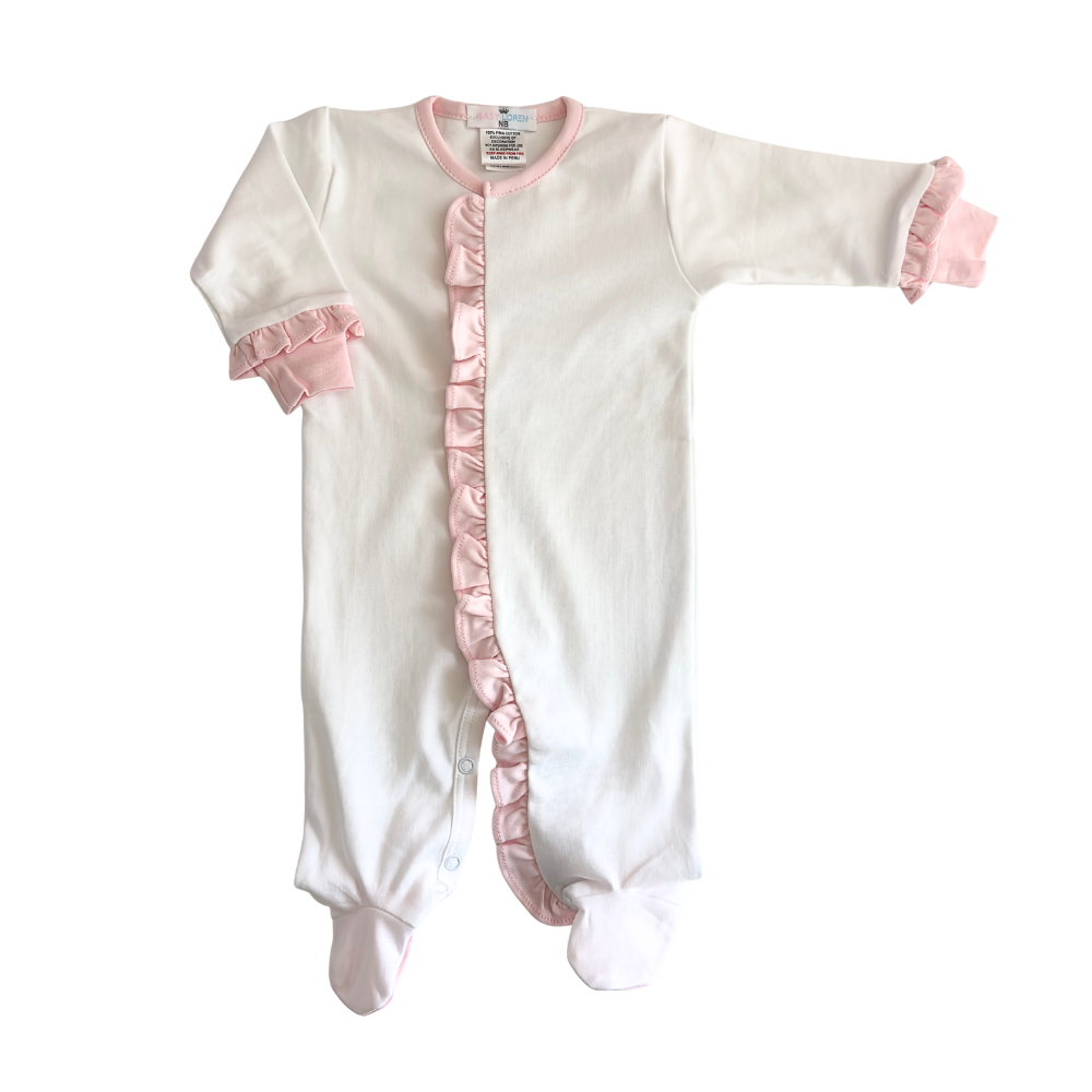 Baby Girls Footie Take Home Outfit White Pink Ruffle Trim