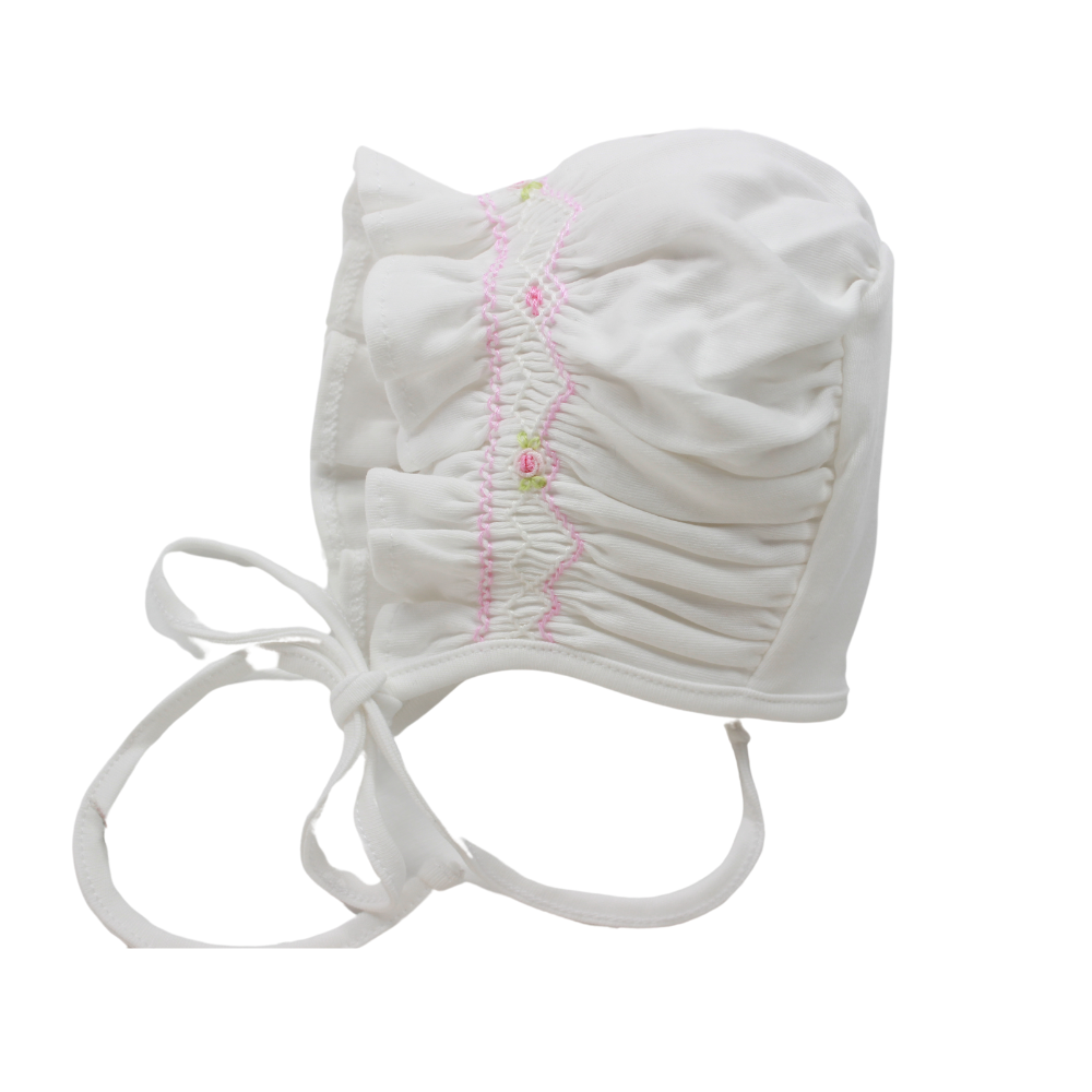 Baby Loren White Pink Smocked Bonnet