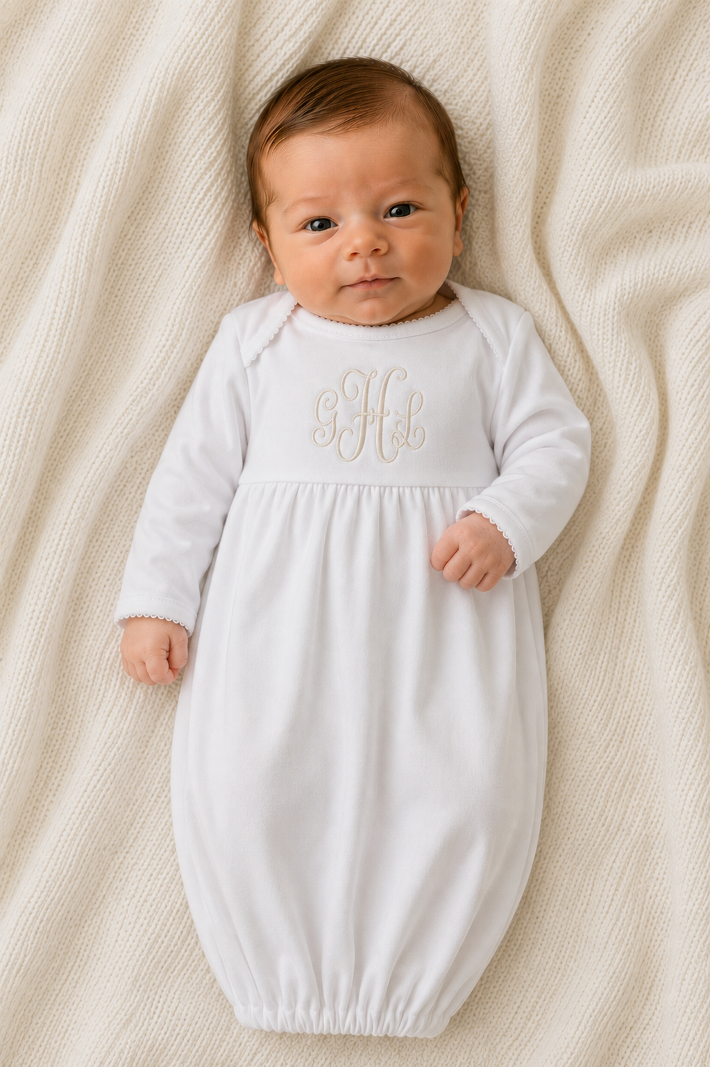 White Unisex Newborn Gown Pima Cotton