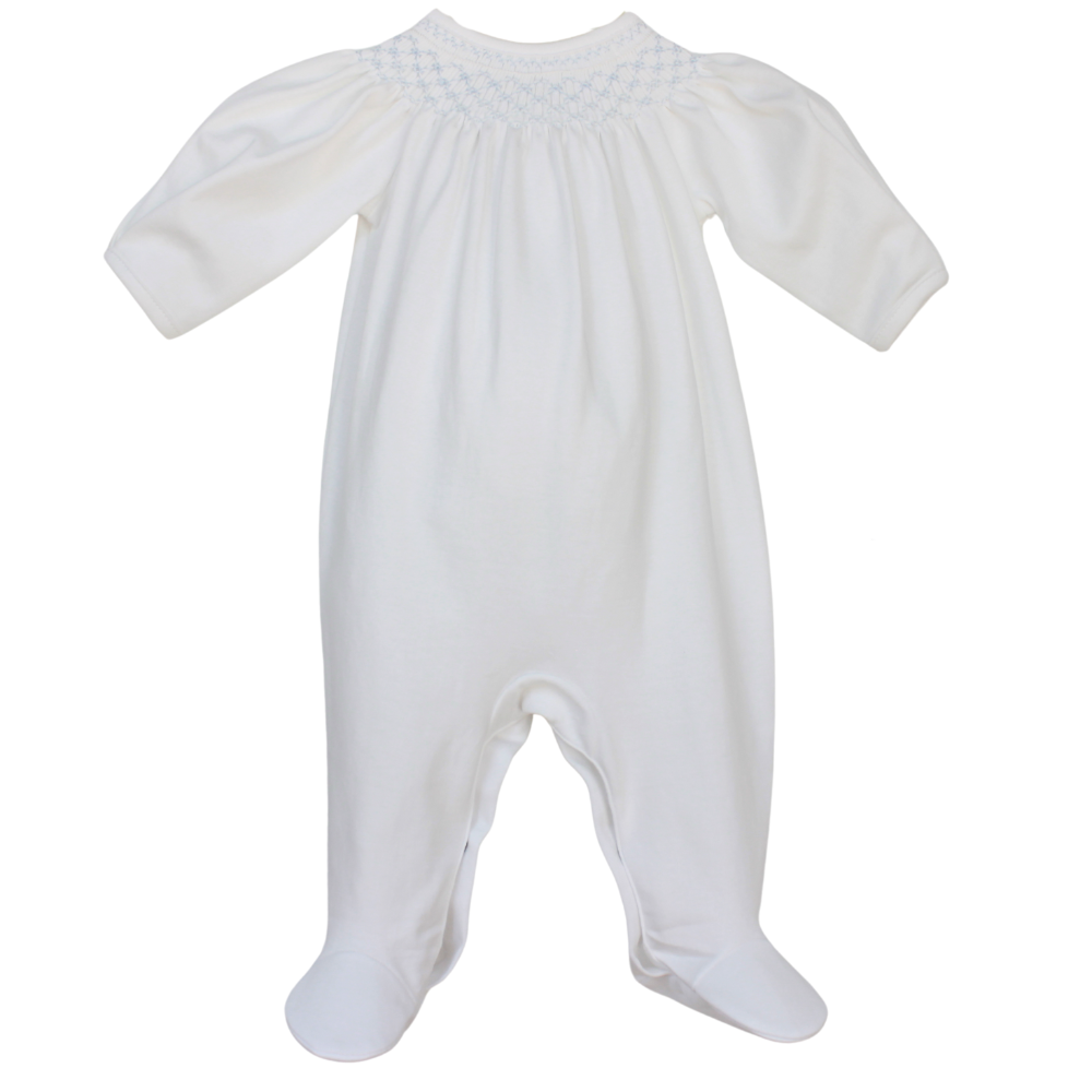 Girls White Footed Onesie Blue Smocking | Baby Loren