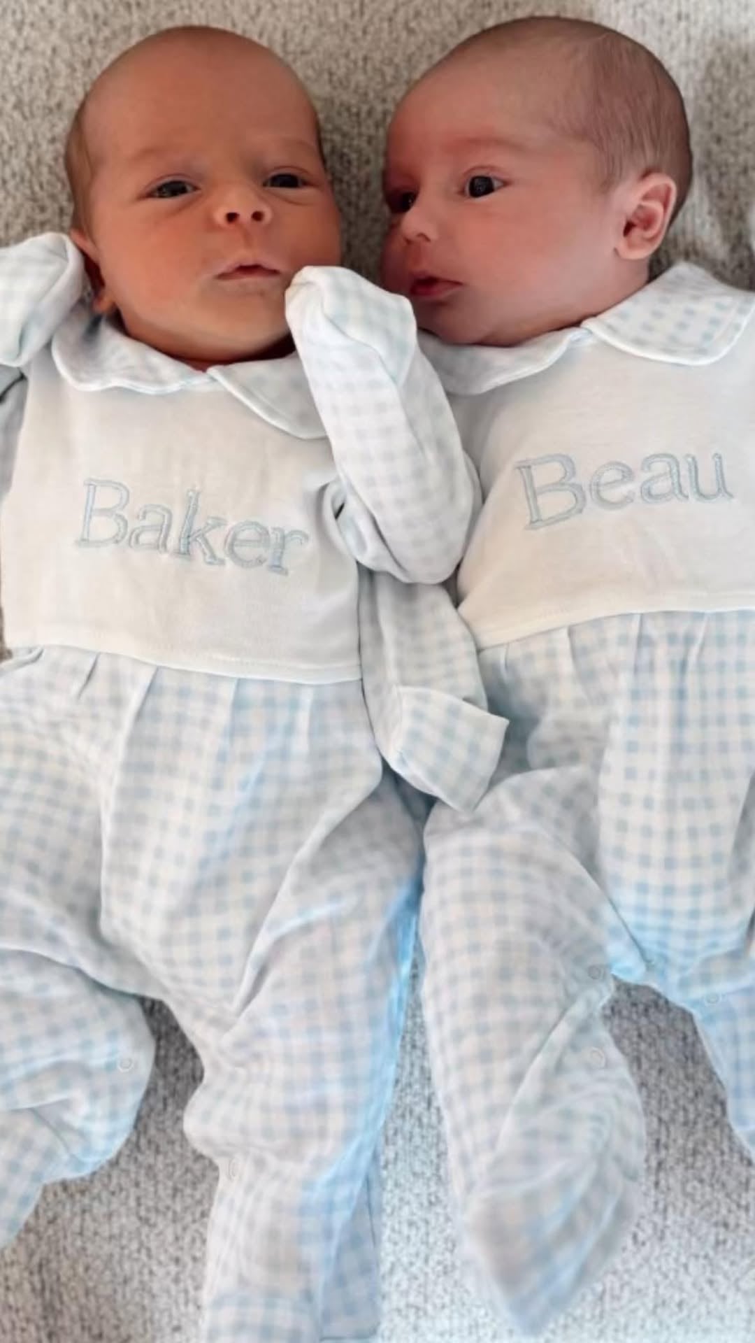 Personalized take home outfit for baby boy in blue gingham. Classic footed onesie pima cotton
