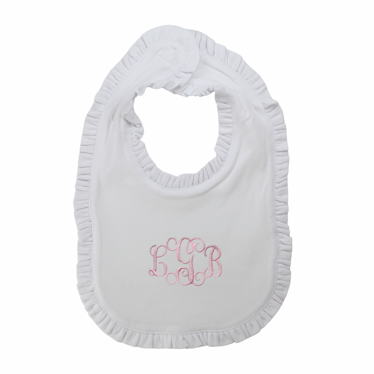 Baby Girl Bib Monogrammed White with Ruffle Trim