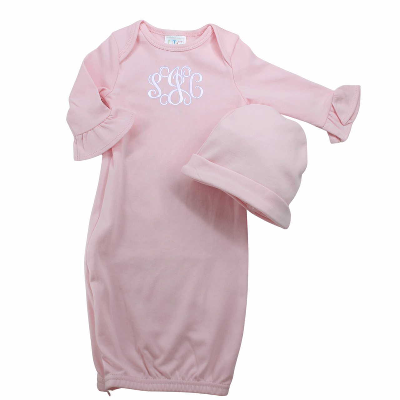 Baby Girl Coming Home Gown Pink  with Ruffle Sleeve & Hat Set