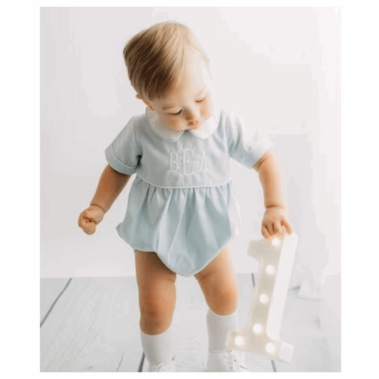 Boys Monogrammed Bubble Romper Blue with White Collar