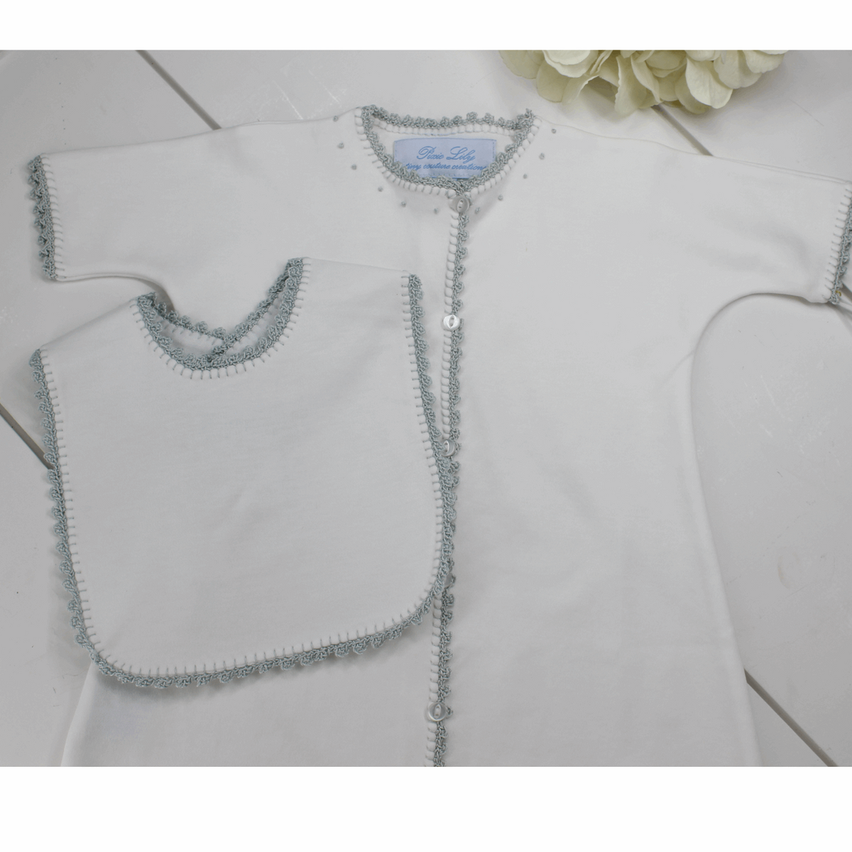 Baby Boy Daygown Coming Home Outfit White Blue Crochet Trim