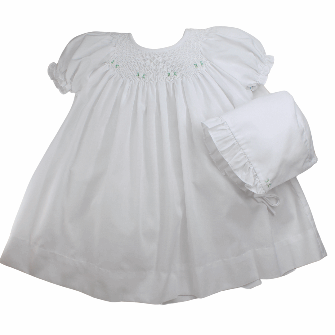 Baby Girls White Smocked Daygown and Bonnet
