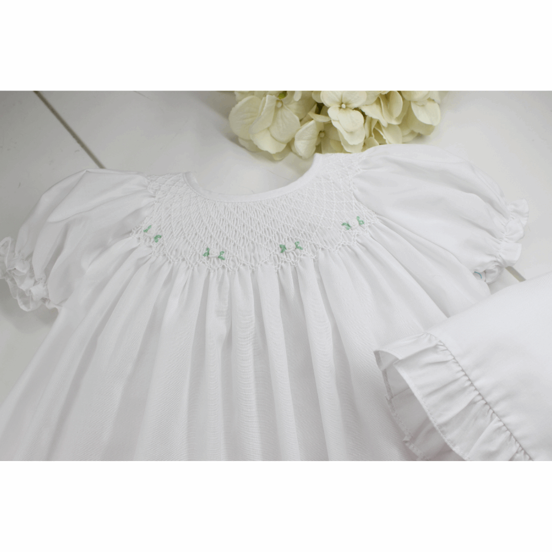 Baby Girls White Smocked Daygown and Bonnet