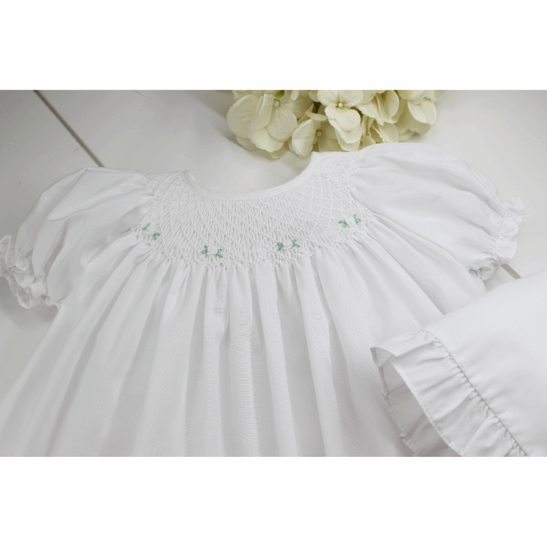 Baby Girls White Smocked Daygown and Bonnet Petit Ami NB Baby Girls White Smocked Daygown and Bonnet Petit Ami NB