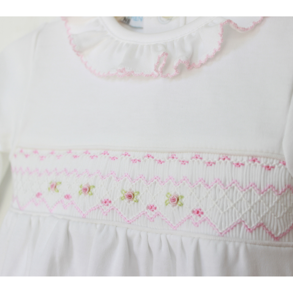 Girls Smocked Gown White Pink with Ruffle Neck | Baby Loren