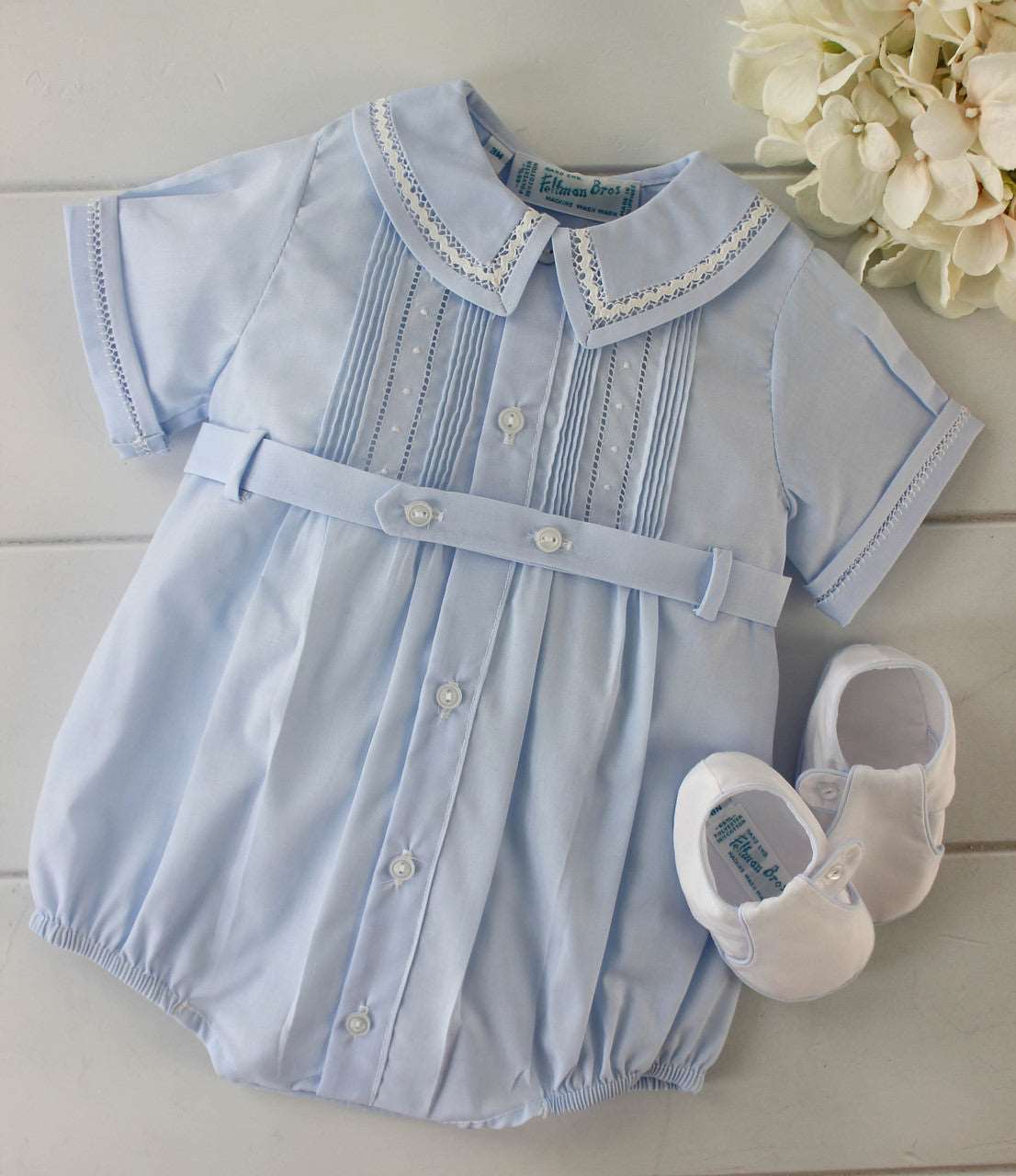 Feltman Brothers Baby Boy Blue Romper Heirloom Portrait Outfit - Hiccups  Children's Boutique