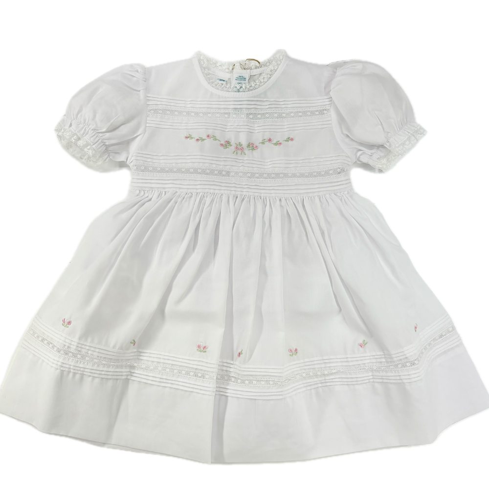 Girls White Heirloom Dress Pink Flowers &amp; Lace