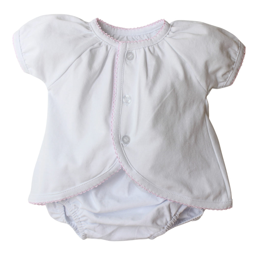 Baby Girls Diaper Set White with Pink Picot Trim
