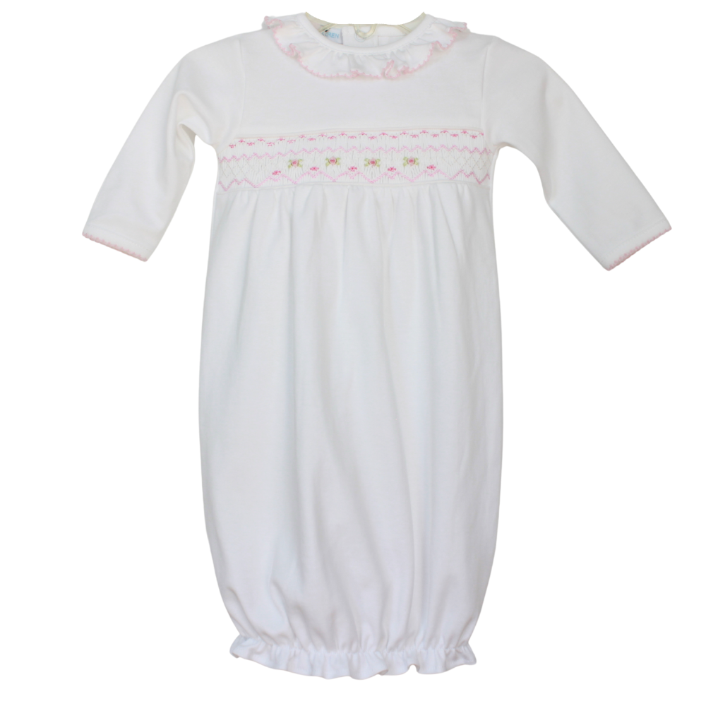 Girls Smocked Gown White Pink with Ruffle Neck | Baby Loren