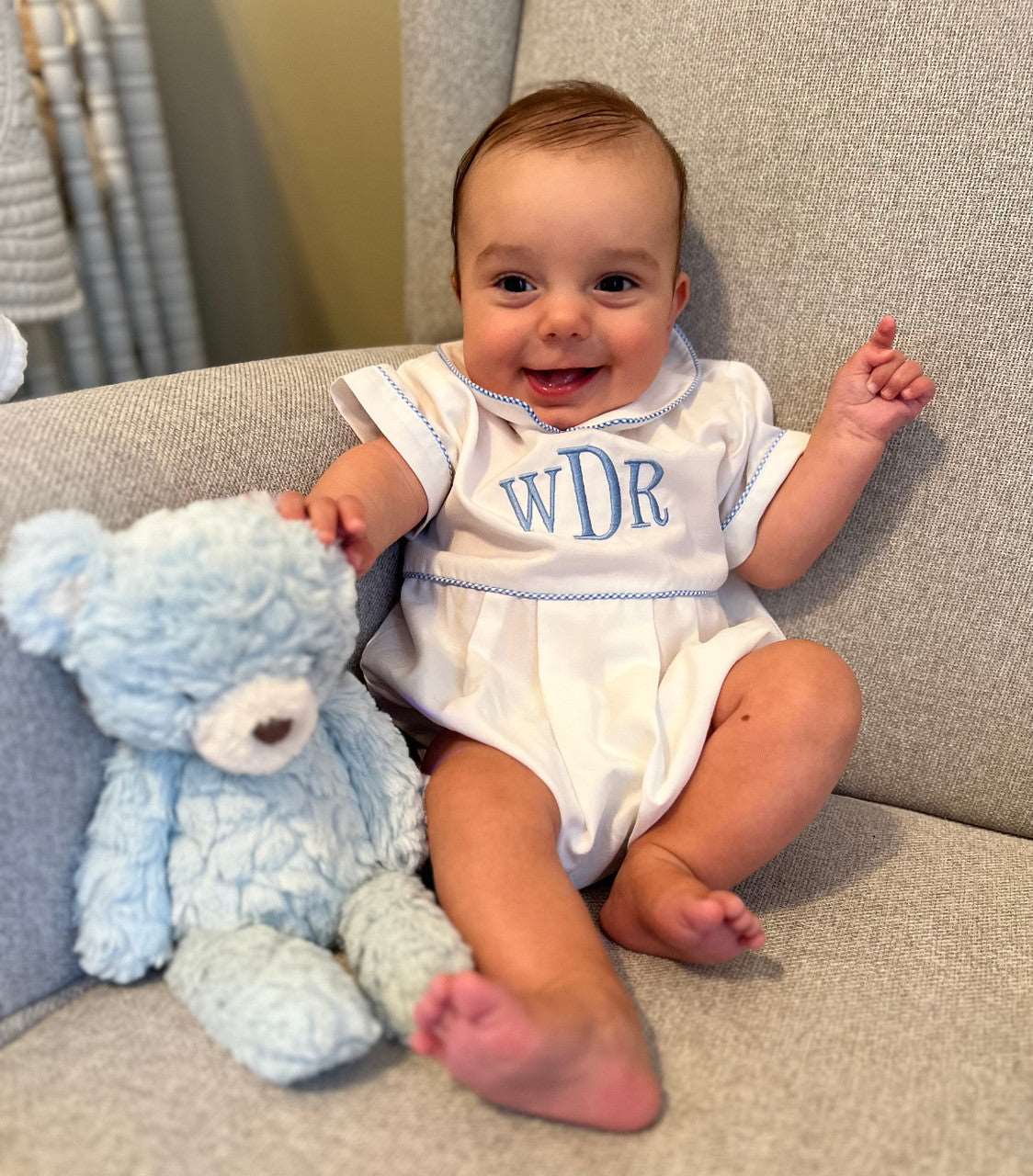 Baby Boys Dressy Personalized Romper Outfit White Blue Gingham