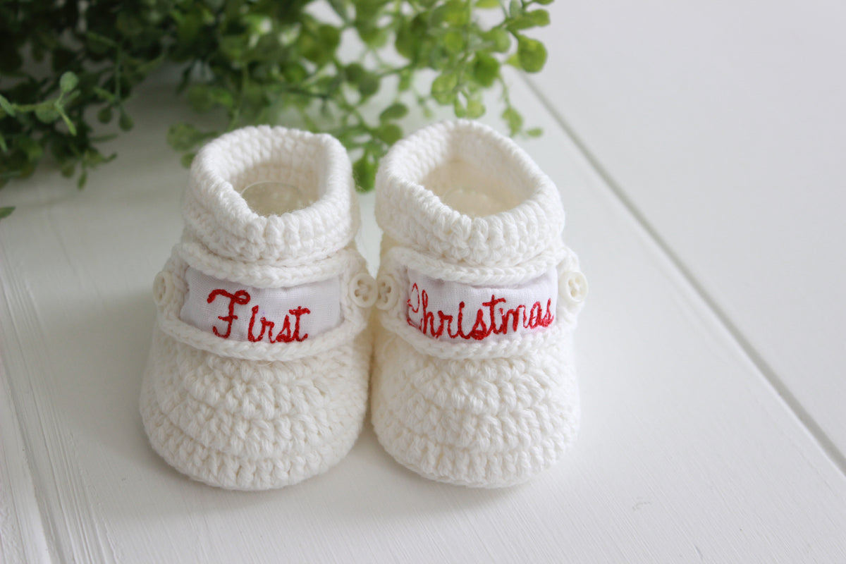 Personalized Baby Booties White Crochet