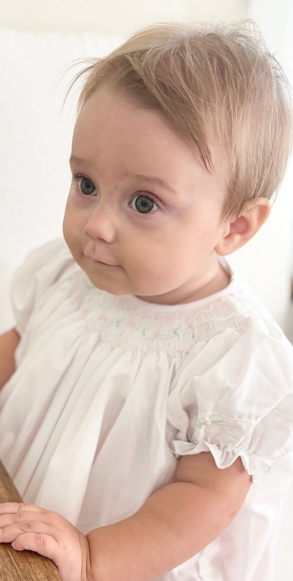 Girls White Smocked Daygown Dress & Bonnet Pink Flowers