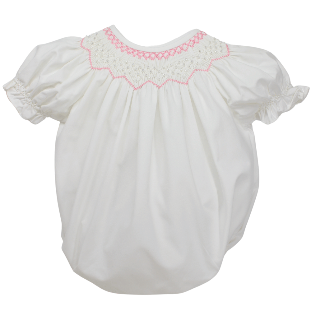 Girls White Pink Smocked Bubble Romper Outfit with Pearls
