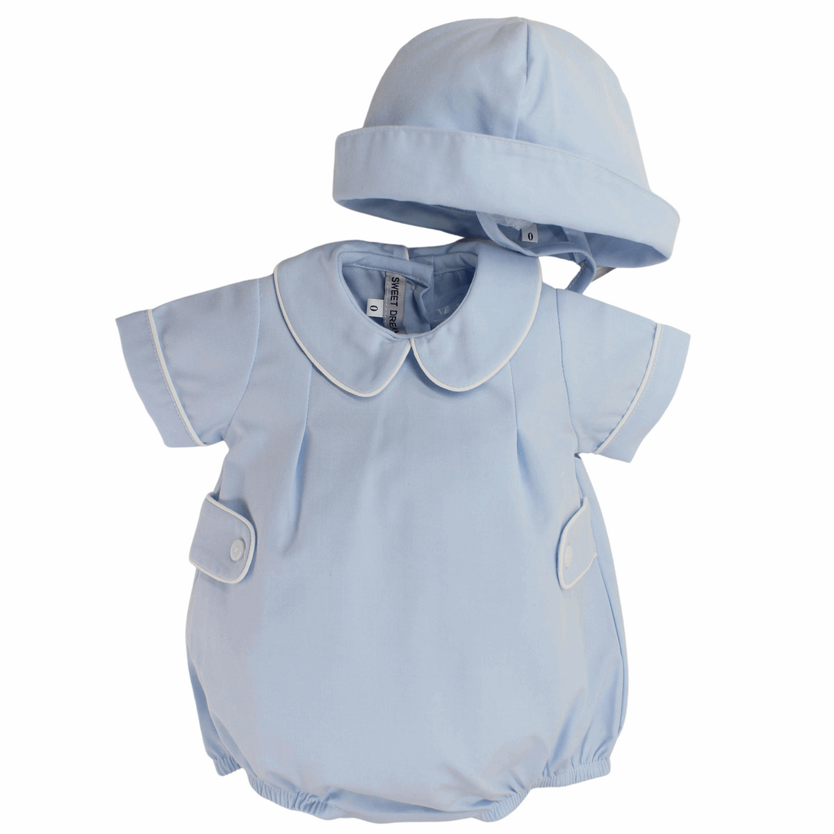 Boys Blue Bubble Romper Side Tabs & Sailor Hat Set | Sweet Dreams