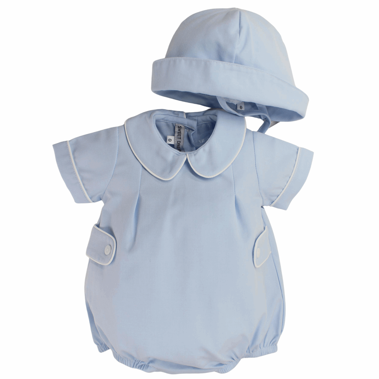 Boys Blue Bubble Romper Side Tabs & Sailor Hat Set | Sweet Dreams