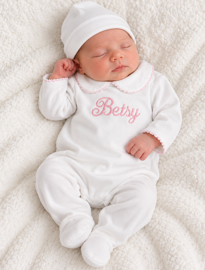 Newborn Girls White Pink Take Home Footie Personalized Sleeper