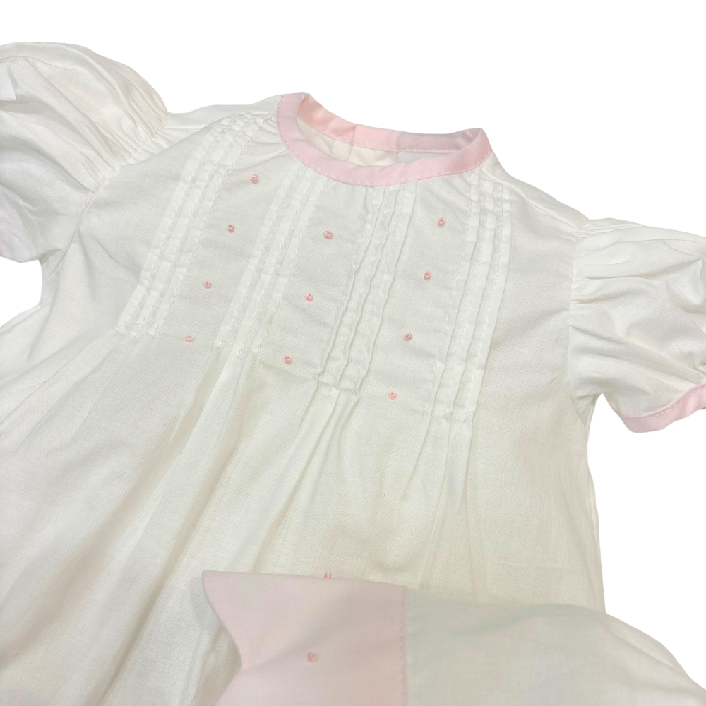 Newborn Girls Daygown & Bonnet White Pink Scallop Hem | Lullaby Set
