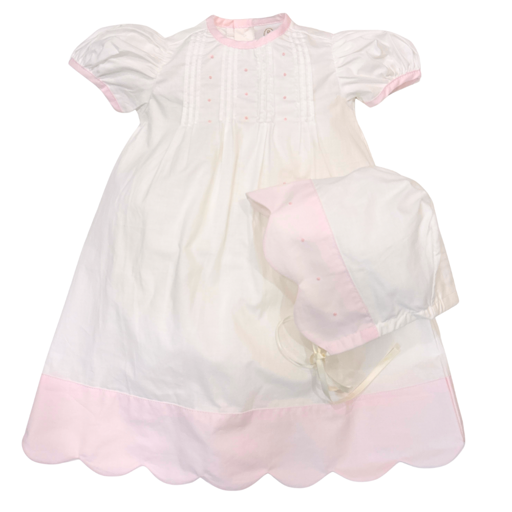 Newborn Girls Daygown & Bonnet White Pink Scallop Hem | Lullaby Set