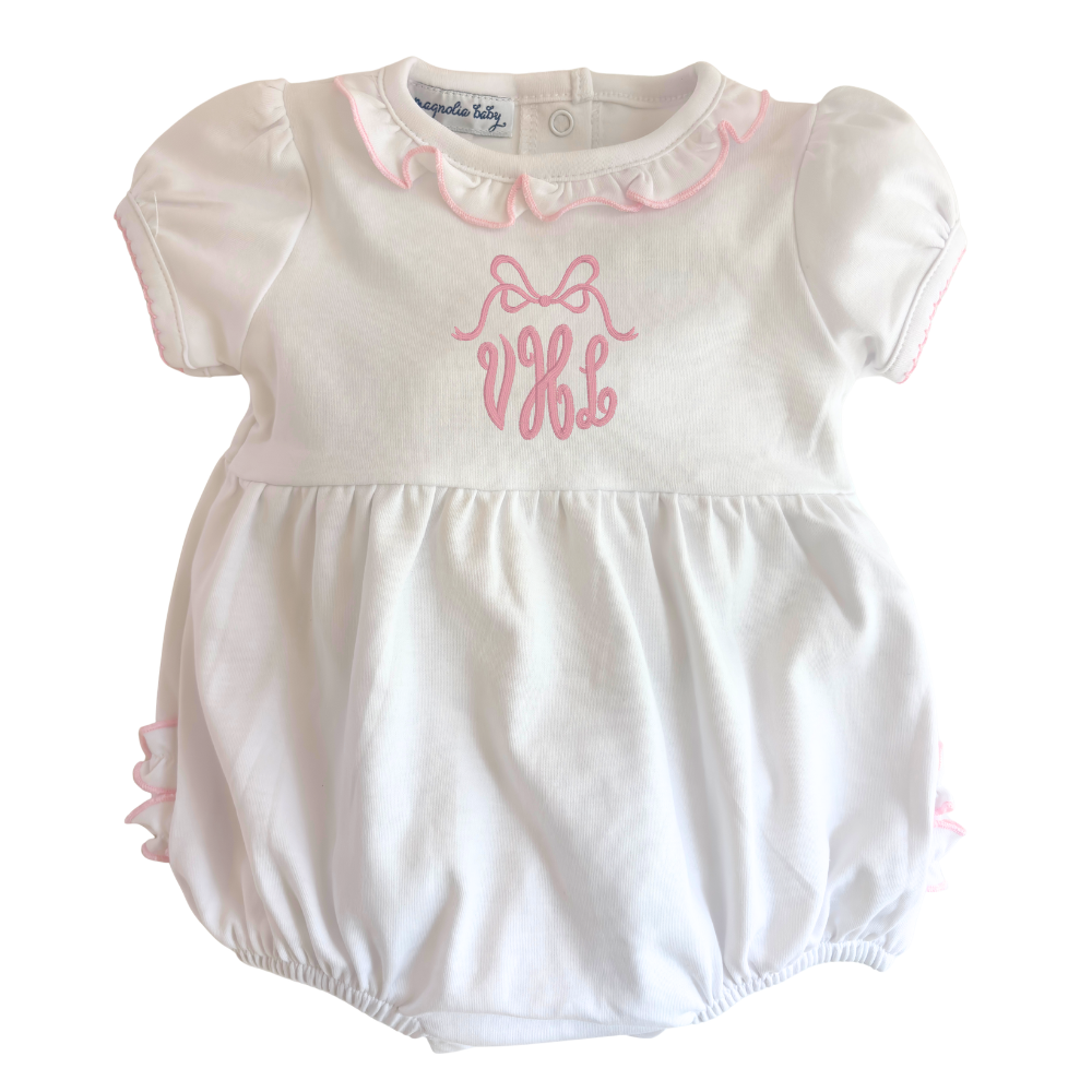 Magnolia Baby Girls White & Pink Romper Ruffle Trim
