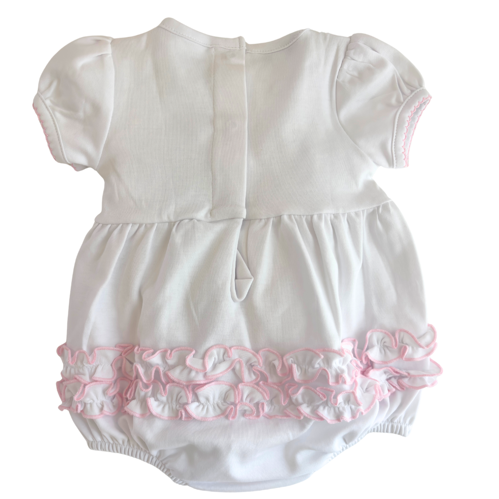 Magnolia Baby Girls White & Pink Romper Ruffle Trim