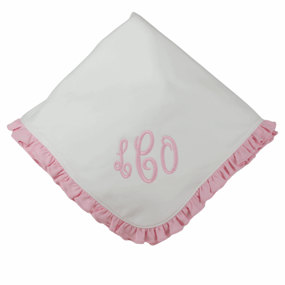 Baby Girl Receiving Blanket Monogrammed White Pink Ruffle Trim