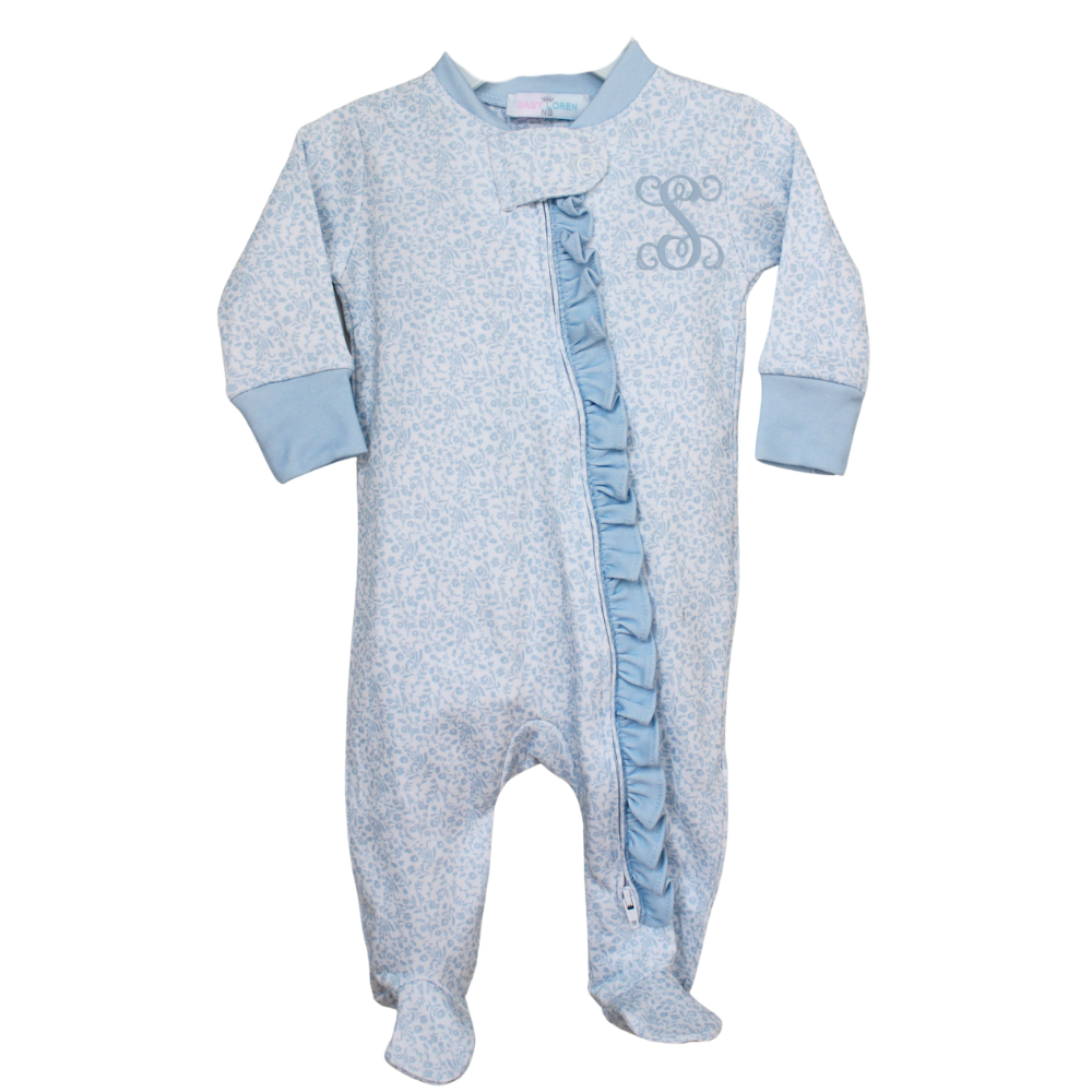 Newborn Girls Floral Take Home Outfit Blue Footie Ruffle Trim
