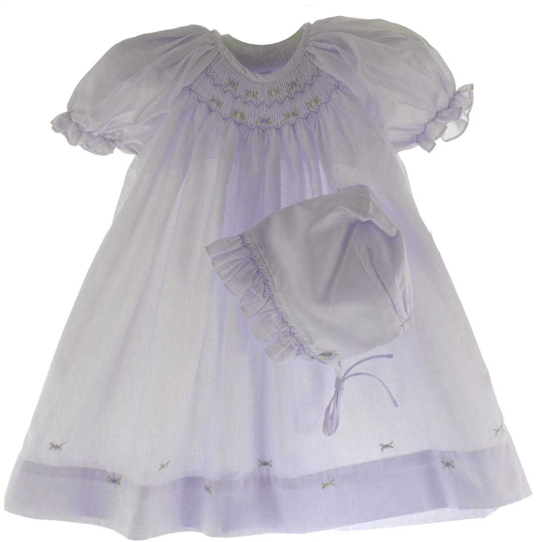 Newborn Girls Lavender Smocked Daygown &amp; Bonnet Set