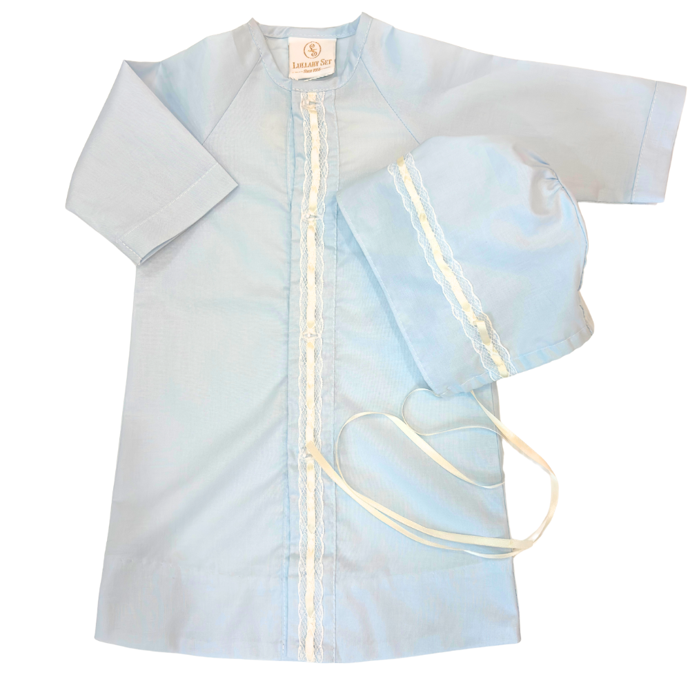 Newborn Boys Blue Take Home Daygown Bonnet Lace Trim | Lullaby Set
