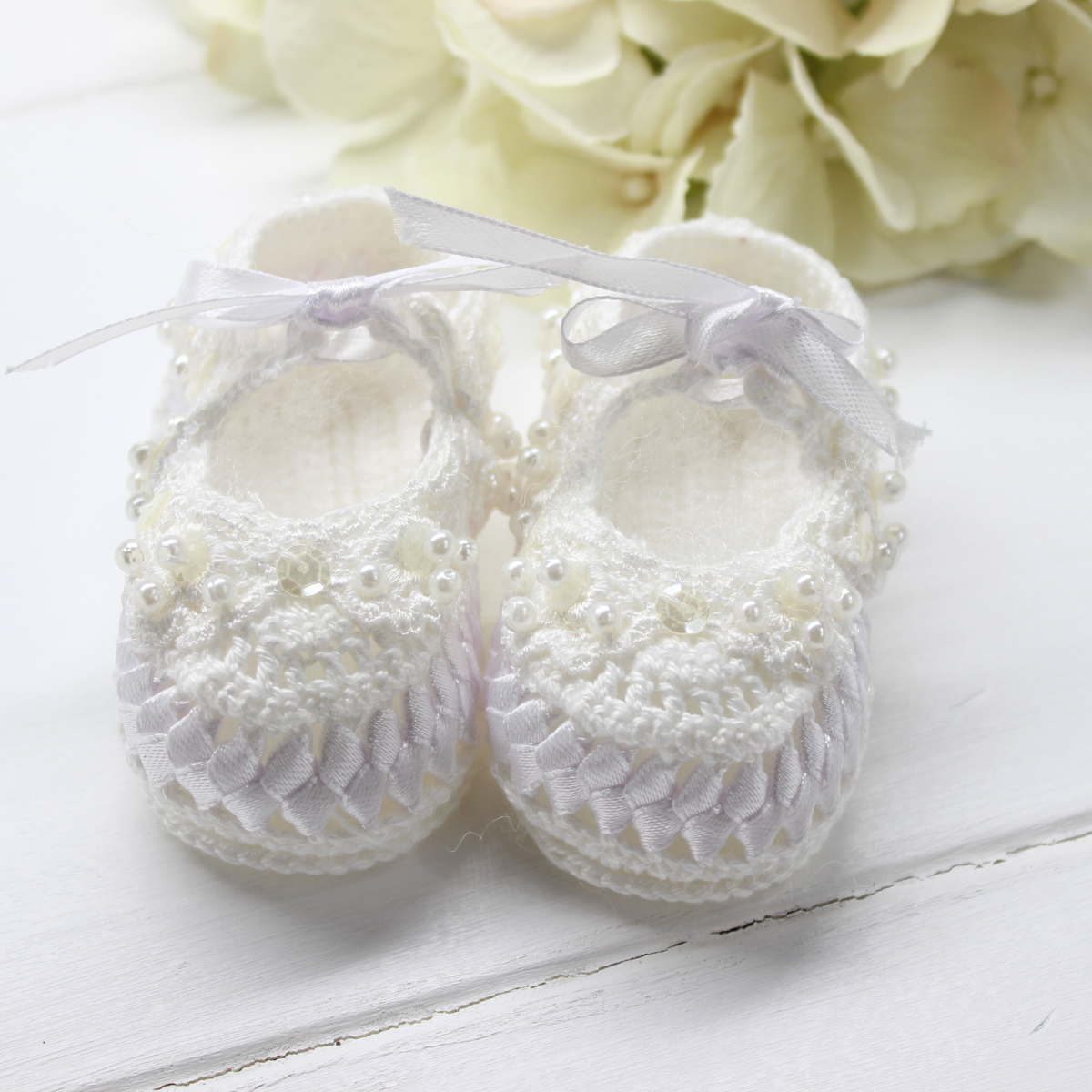 Infant Girls White Christening Booties with Pearls