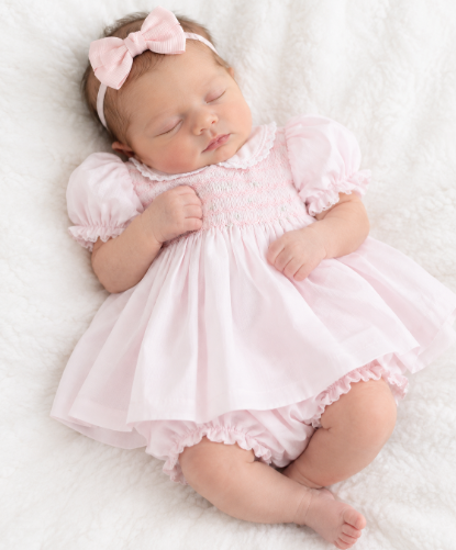 Newborn Girls Pink Smocked Dress & Bonnet