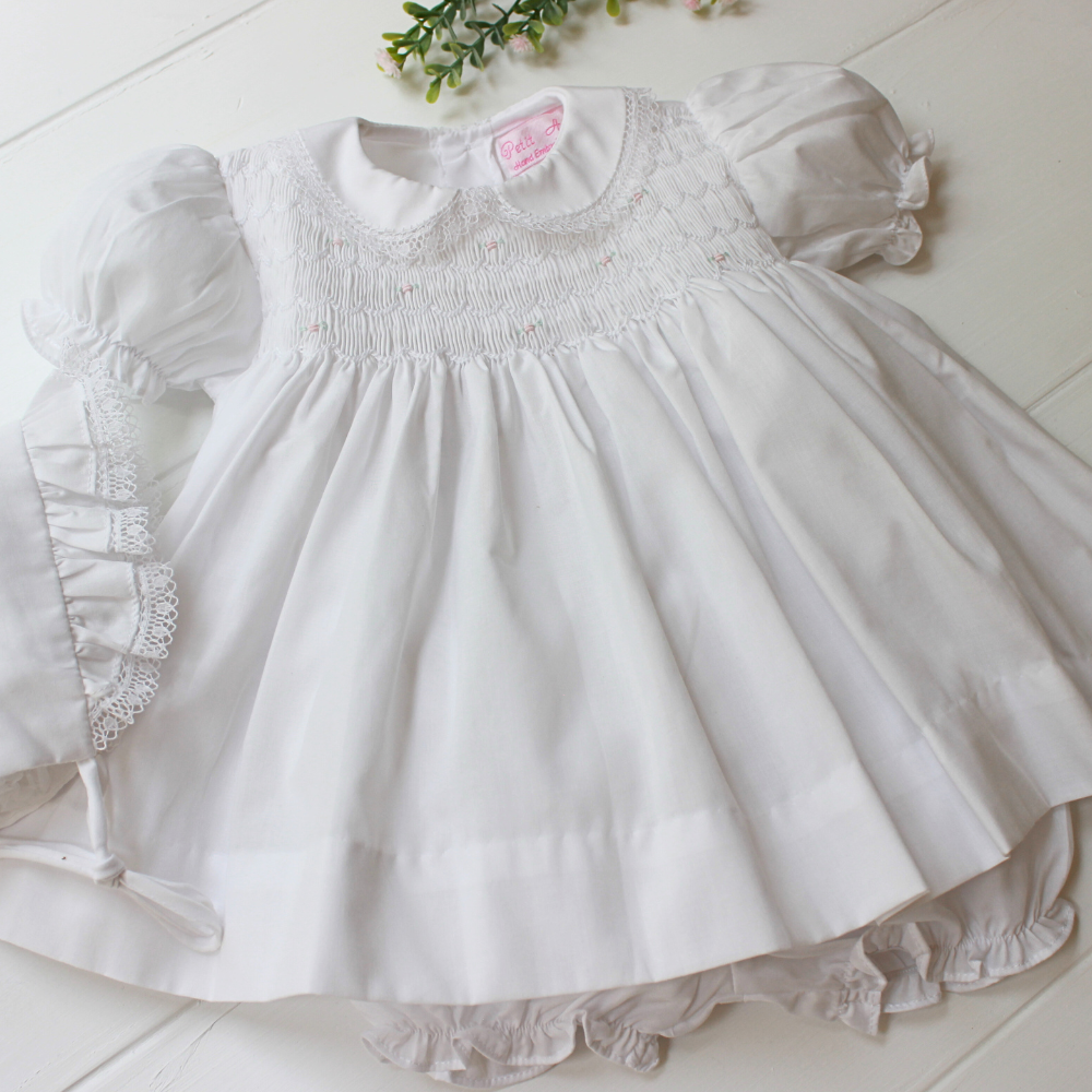 White Newborn Baby Girls Dress & Bonnet with Lace