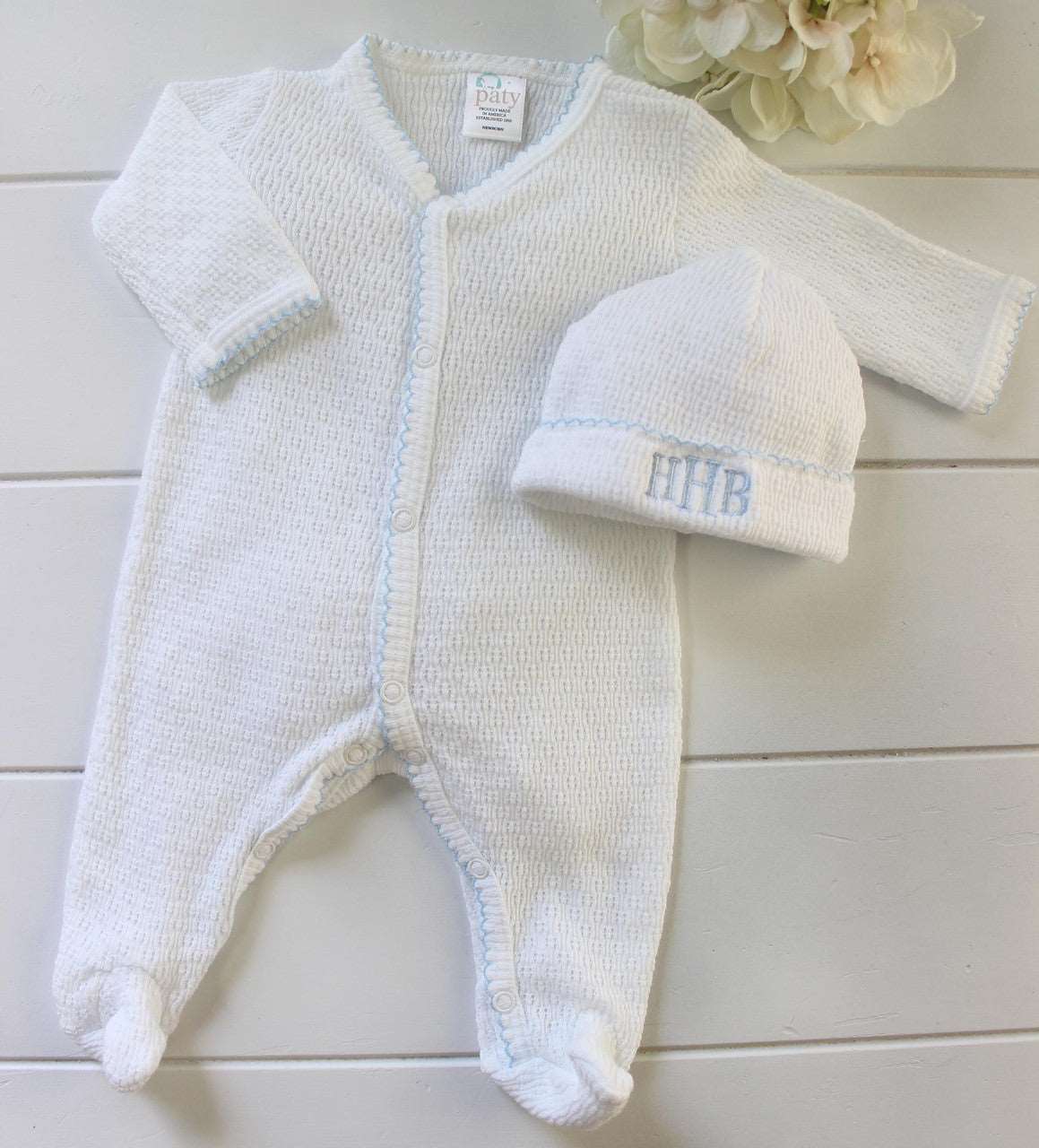 Baby Boys Footie Sleeper White Blue Knit Take Home Outfit