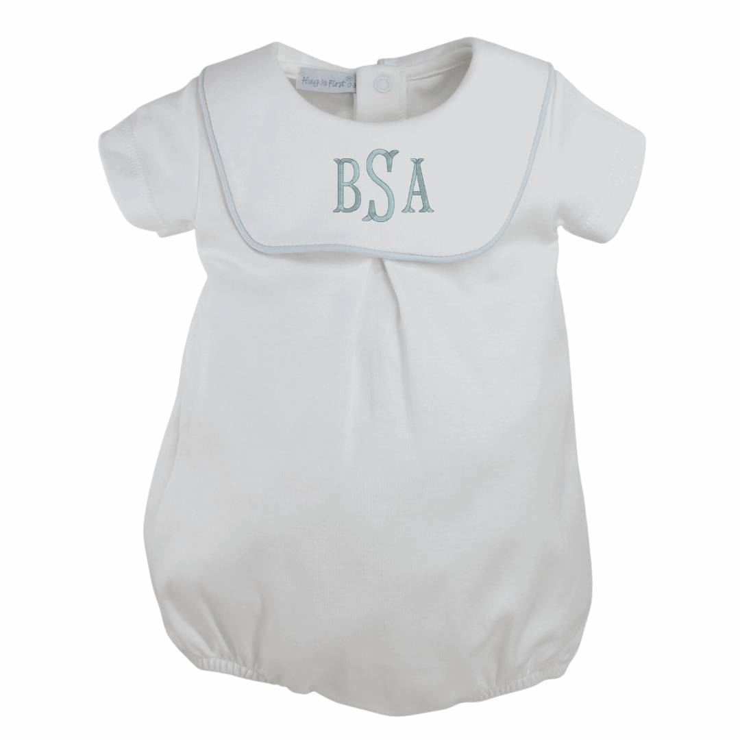 Baby Loren Boys Bubble Outfit White Blue with Bib Collar