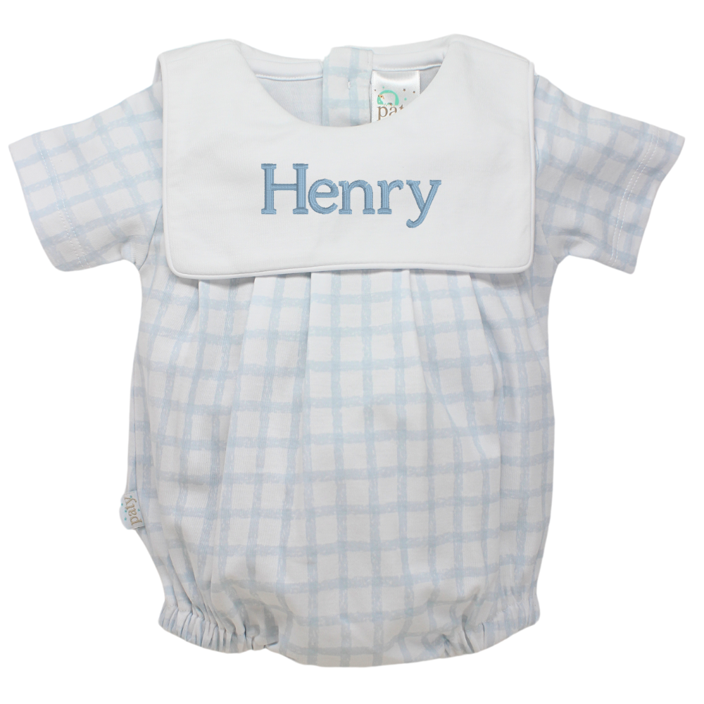 Paty Baby Boys Blue Gingham Cotton Bubble Outfit with Bib Collar