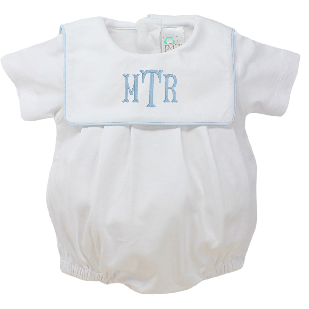 Paty Baby Boys White &amp; Blue Cotton Bubble Outfit with Bib Collar